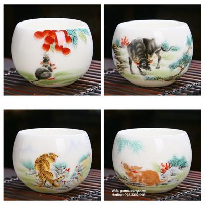 Bộ Chén 12 Con Giáp - Hàng Sứ Xương - Thủ Công Cao Cấp